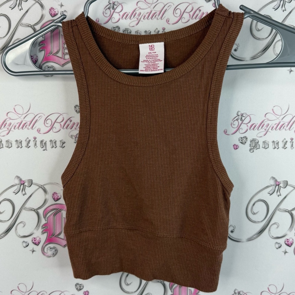 No Boundaries tank top cropped shirt tan Brown Ribbed Crop Top